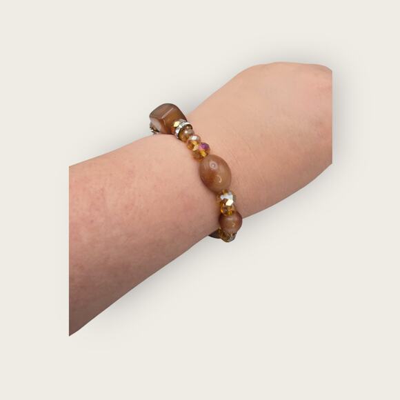 Amber Brown Beaded Stretch Bracelet with Rhinestone Spacers - Picture 4 of 7